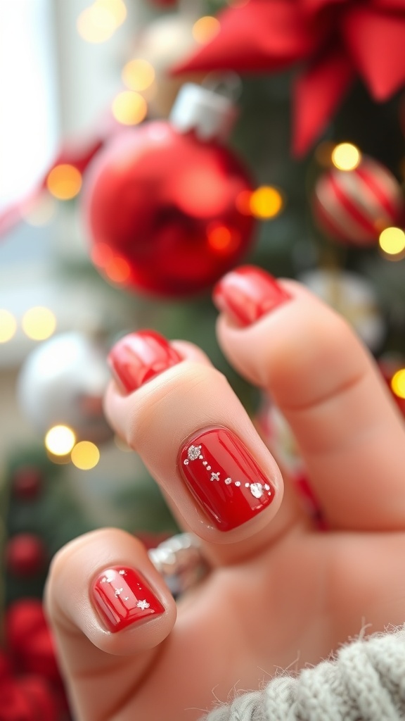 Short red nails with glitter accents for Christmas, displayed with festive decorations.